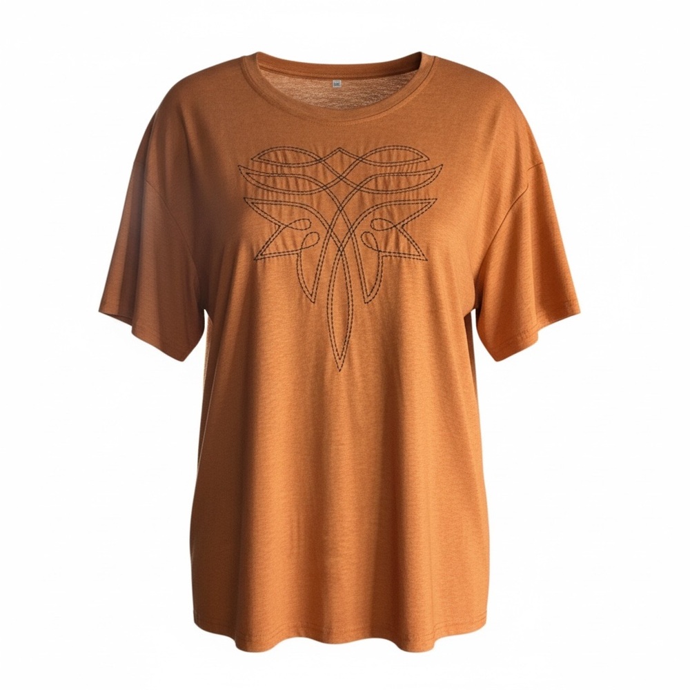Relaxed Short-Sleeve Brown Tee with Embroidered Front Detail